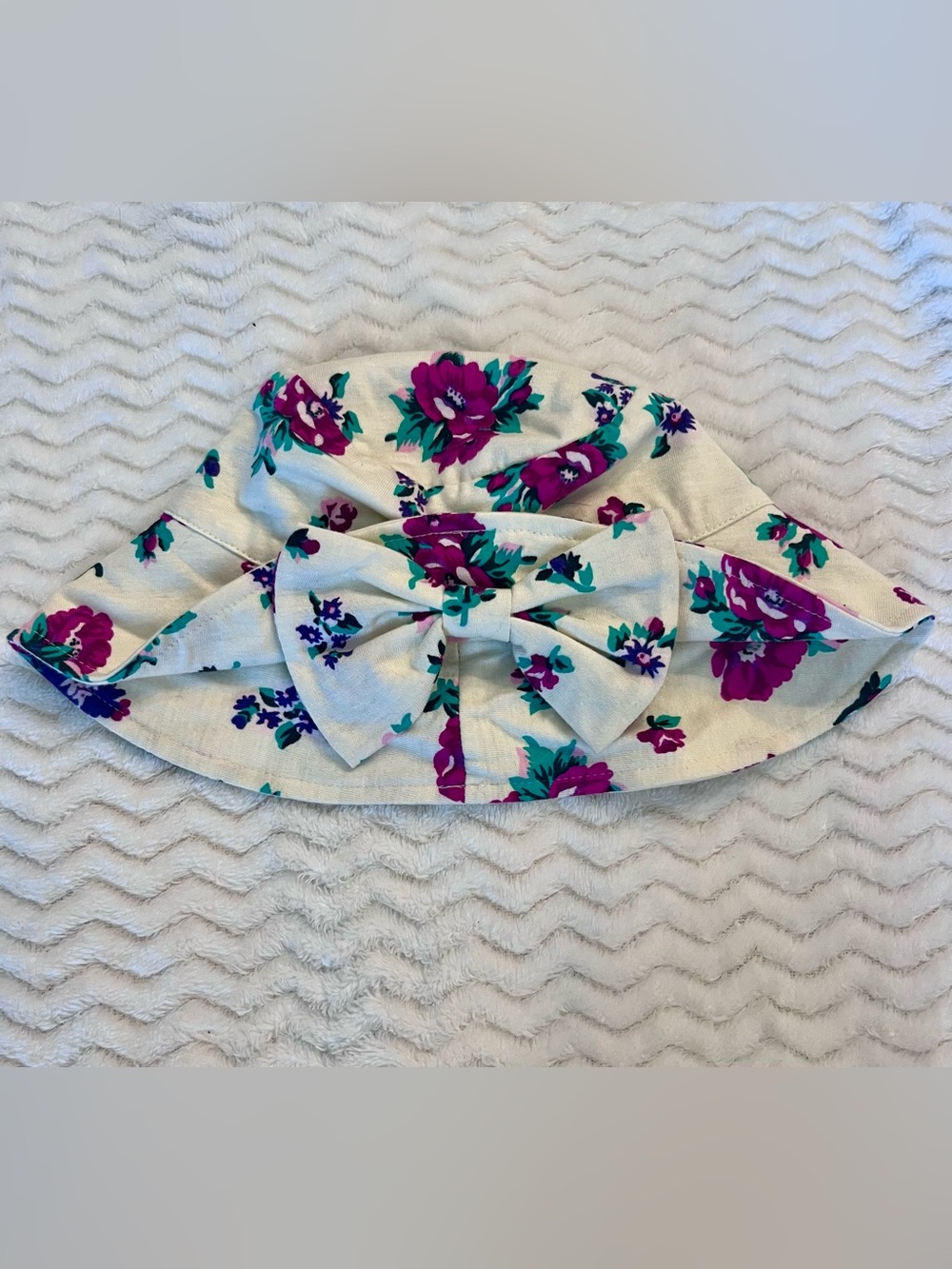Vintage Floral Bow Sun Hat for Kids - Ivory with Magenta & Teal Flowers